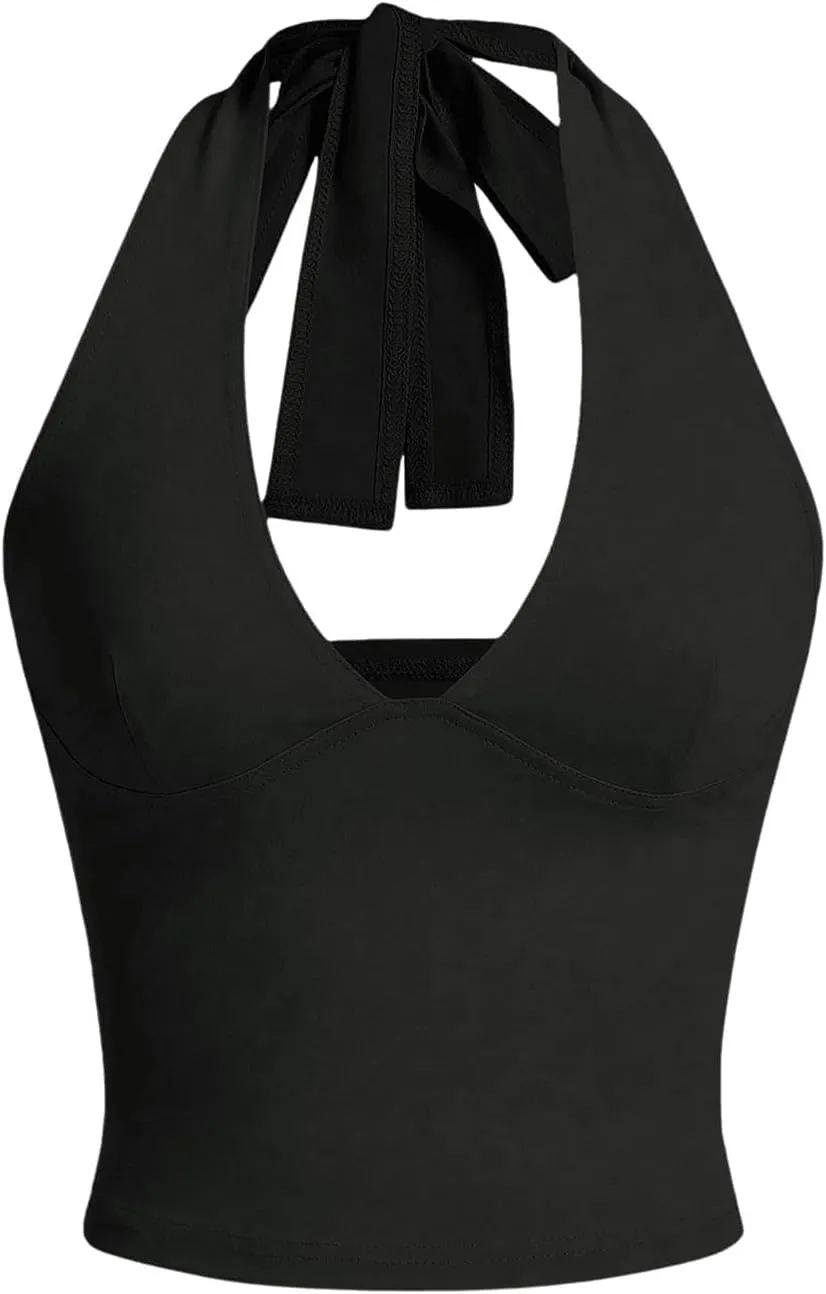 SOLY HUX Women's Halter Tops V Neck Tie Backless Summer Crop Tank Top
