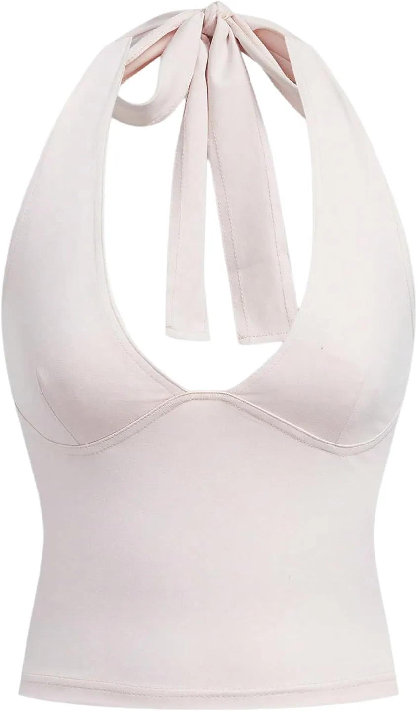SOLY HUX Women's Halter Tops V Neck Tie Backless Summer Crop Tank Top