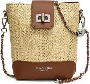 Straw Woven Chain Crossbody Bucket Bag PU Shoulder Handbag Daily Use