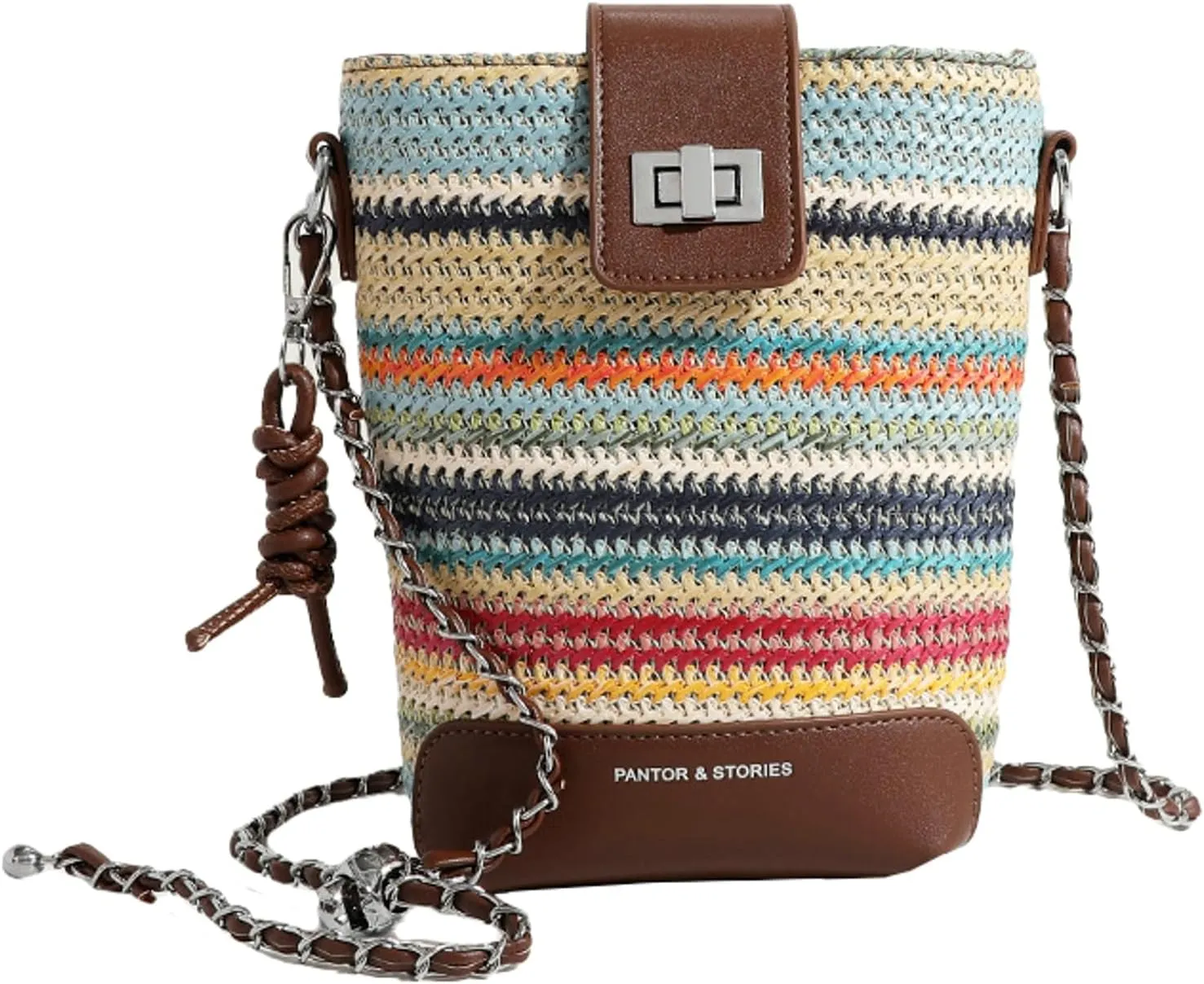 Straw Woven Chain Crossbody Bucket Bag PU Shoulder Handbag Daily Use