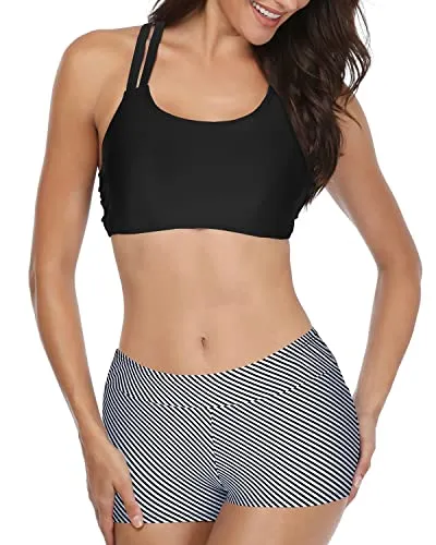 Stylish Tankini Swimsuits Sports Bra And Boyshorts For Women-Pink And Stripes