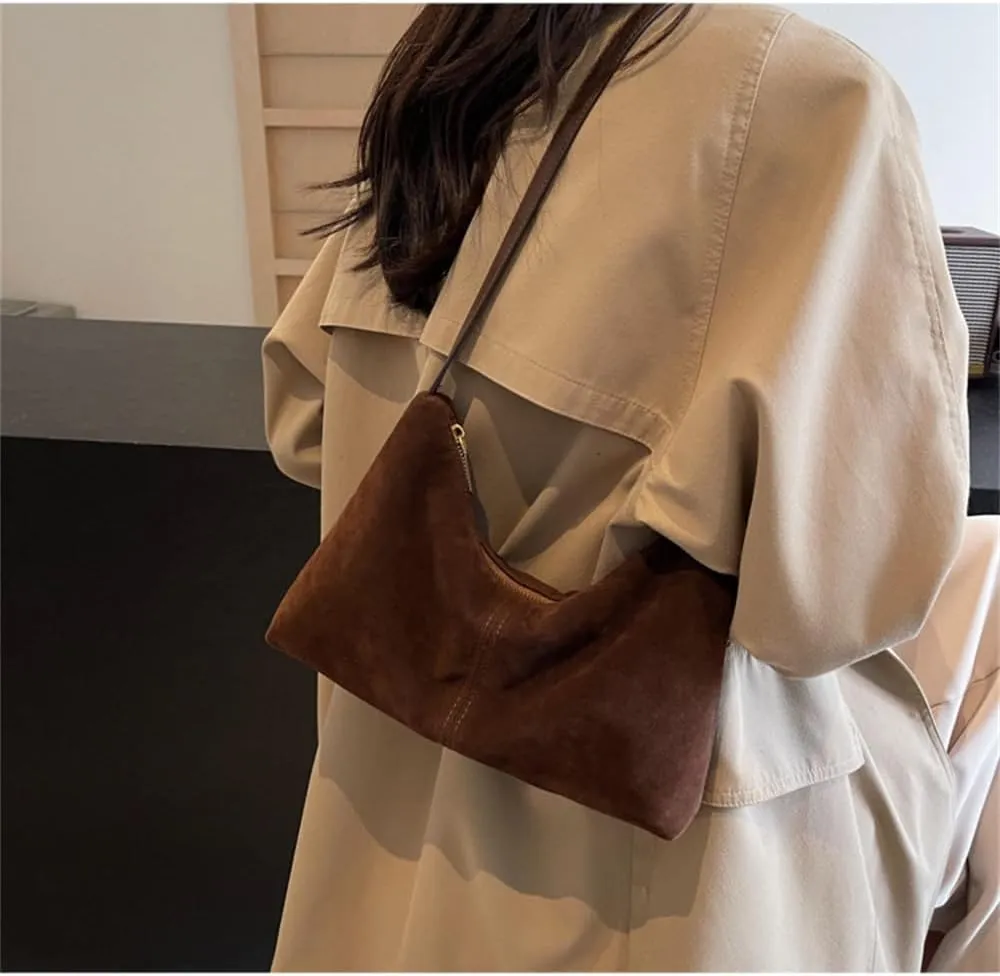 Suede Crescent Tote Bag for Women Vintage Slouchy Suede Hobo Shoulder Bag Satchel Hobo Handbag and Purse for Daily Use