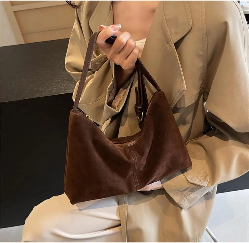 Suede Crescent Tote Bag for Women Vintage Slouchy Suede Hobo Shoulder Bag Satchel Hobo Handbag and Purse for Daily Use