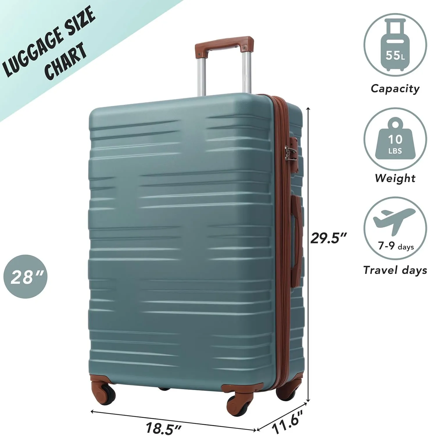 Suitcase Hardshell Luggage, Dusty Green As Shown, One Size