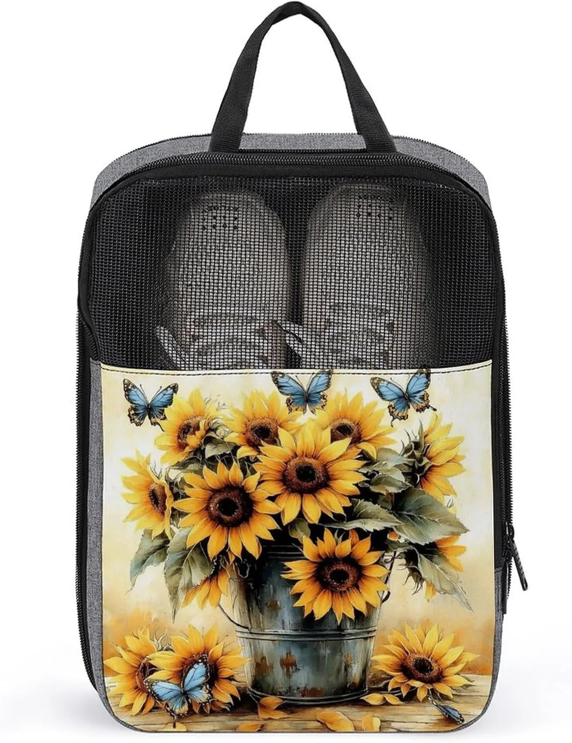Sunflower in Rustic Metal Bucket Vintage Botanical Shoe Bag for Travel Daily Use Anti-dust Storage Carrier Golf Shoe Pouch