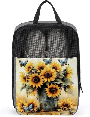Sunflower in Rustic Metal Bucket Vintage Botanical Shoe Bag for Travel Daily Use Anti-dust Storage Carrier Golf Shoe Pouch