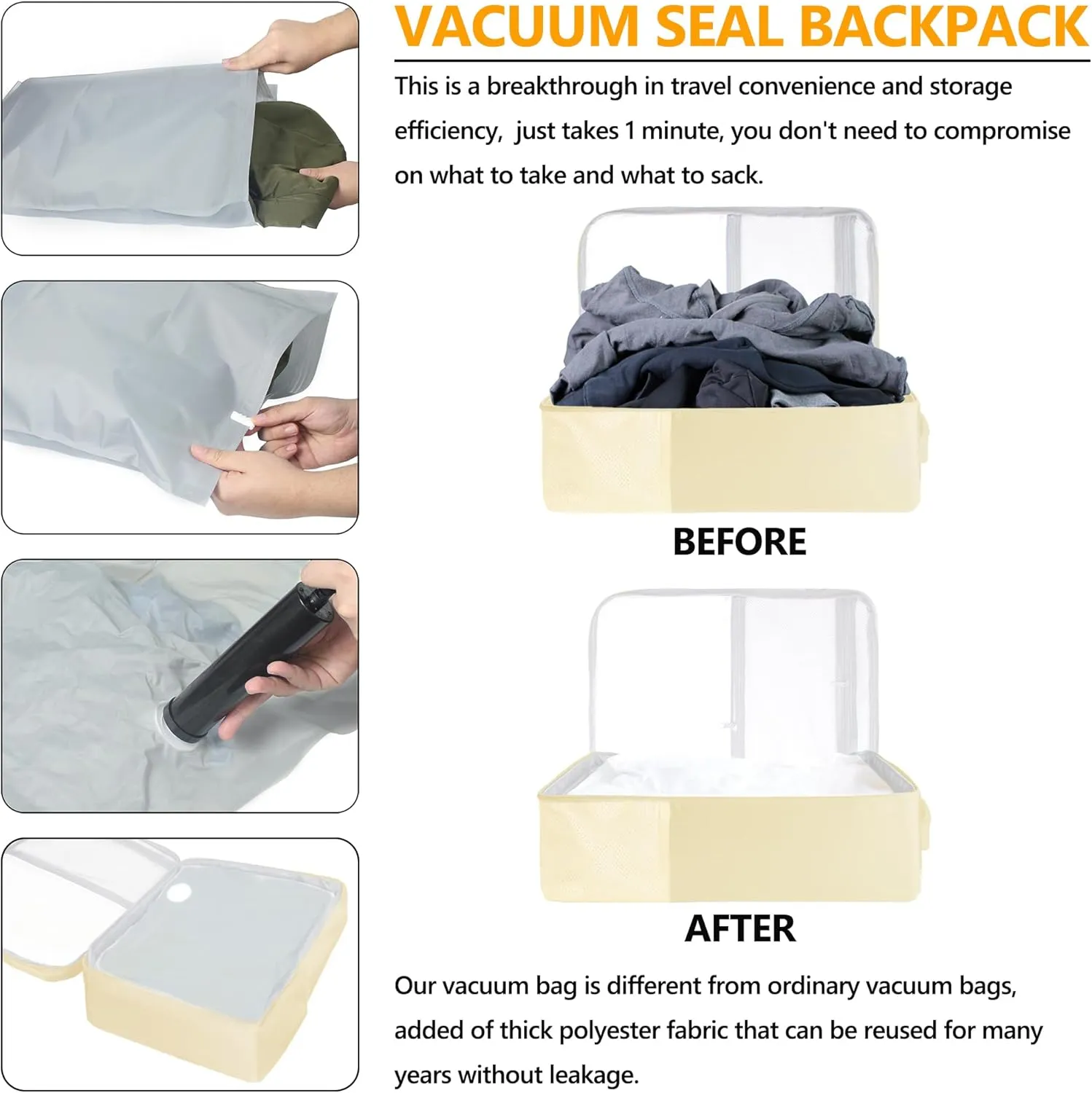 SUOCO Travel Vacuum Backpack, 60L Seal Compression Air Vac Bag Back Pack with Travel Pump, Carry On Suitcase Luggage Flight Approved for Men Women Personal Item, Beige