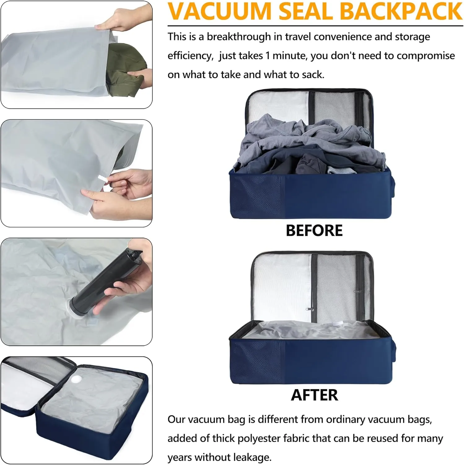 SUOCO Travel Vacuum Backpack, 60L Seal Compression Air Vac Bag Back Pack with Travel Pump, Carry On Suitcase Luggage Flight Approved for Men Women Personal Item, Navy Blue