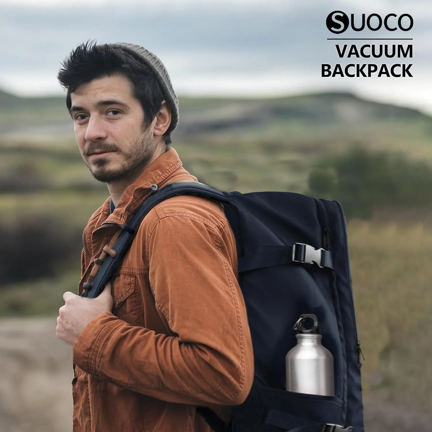 SUOCO Travel Vacuum Backpack, 60L Seal Compression Air Vac Bag Back Pack with Travel Pump, Carry On Suitcase Luggage Flight Approved for Men Women Personal Item, Navy Blue