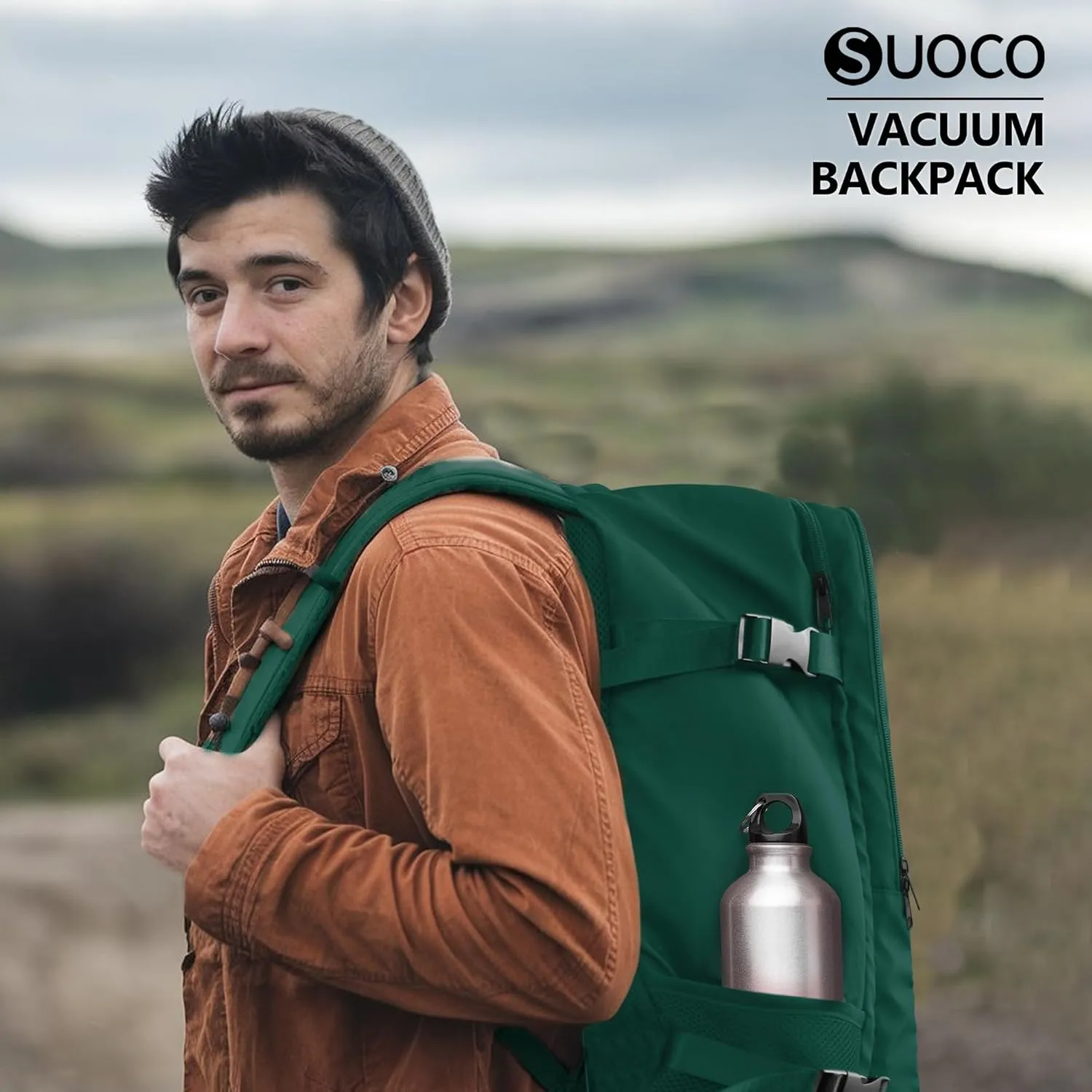 SUOCO Travel Vacuum Backpack, 60L Seal Compression Air Vac Bag Back Pack with Travel Pump, Carry On Suitcase Luggage Flight Approved for Men Women Personal Item, Olive Green