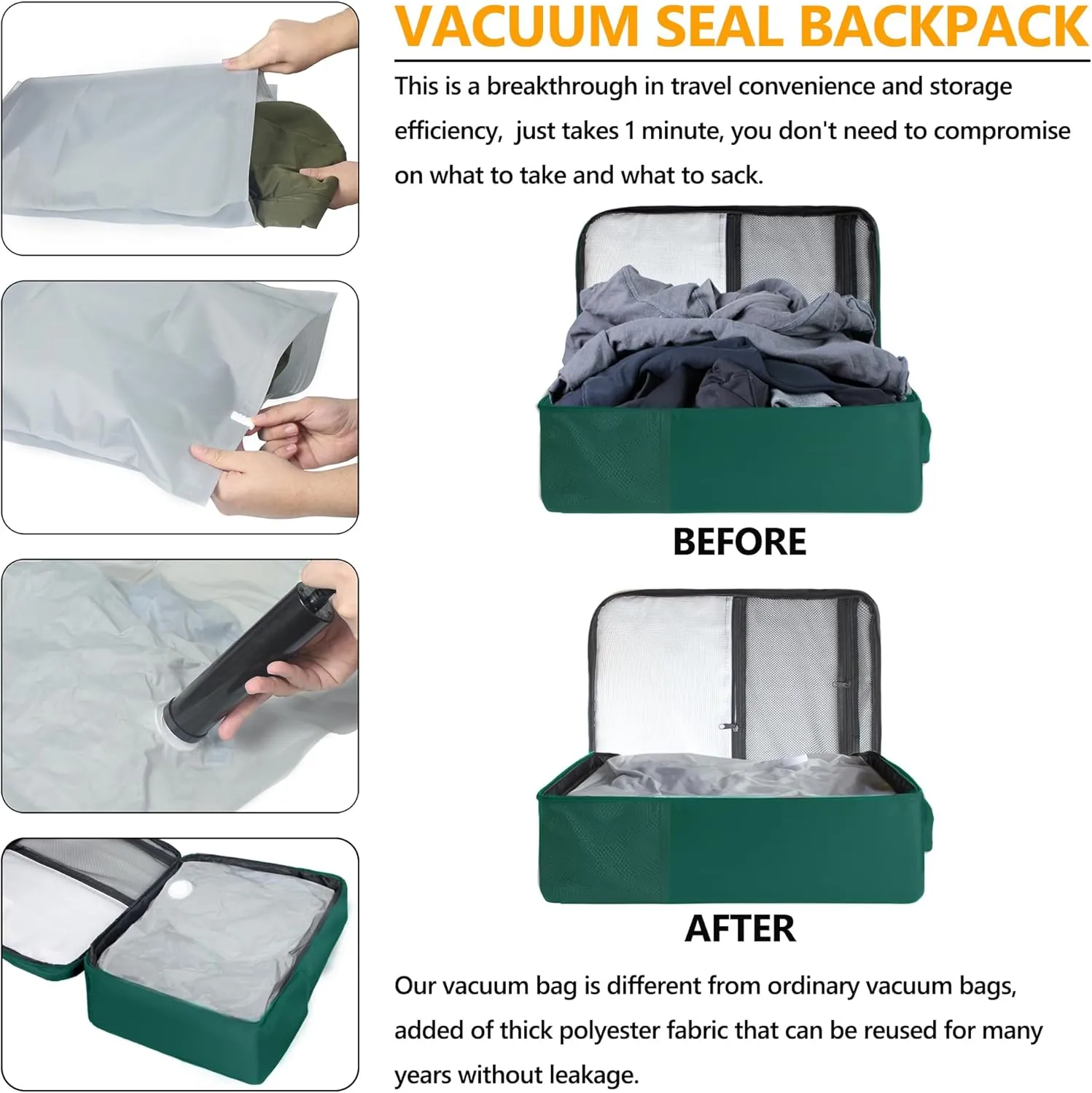 SUOCO Travel Vacuum Backpack, 60L Seal Compression Air Vac Bag Back Pack with Travel Pump, Carry On Suitcase Luggage Flight Approved for Men Women Personal Item, Olive Green