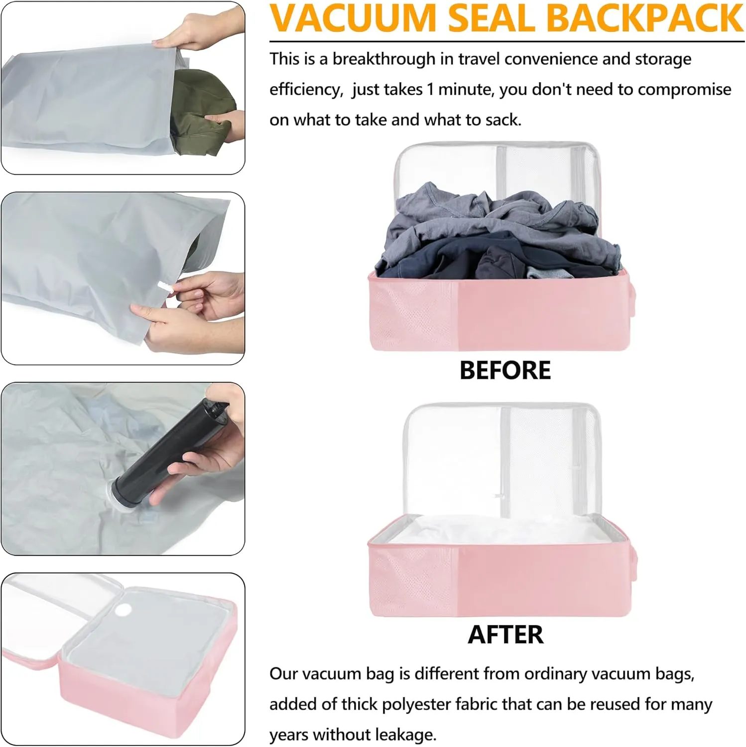 SUOCO Travel Vacuum Backpack, 60L Seal Compression Air Vac Bag Back Pack with Travel Pump, Carry On Suitcase Luggage Flight Approved for Men Women Personal Item, Pink