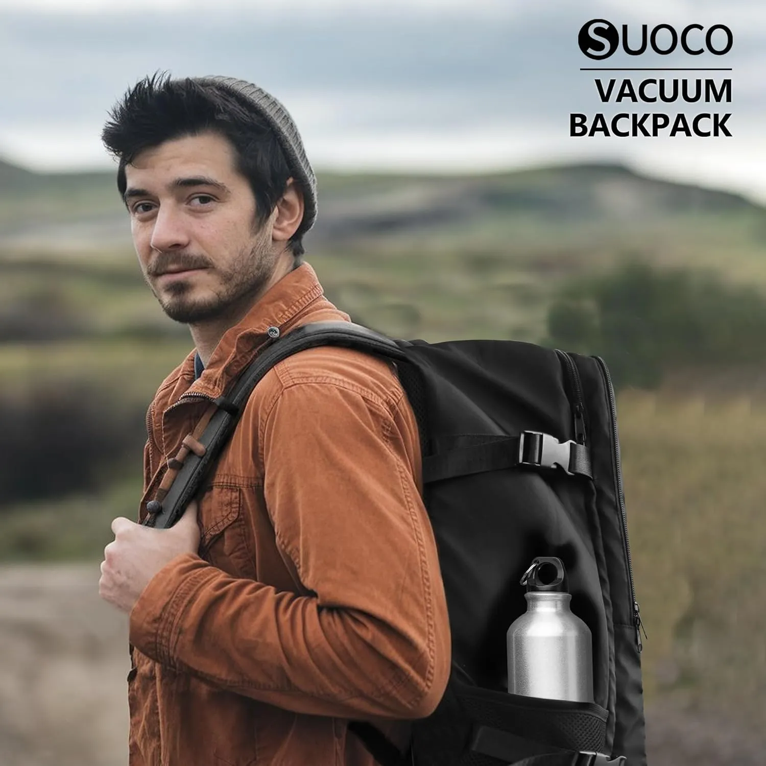 SUOCO Travel Vacuum Backpack, 70L Seal Compression Air Vac Bag Back Pack with Travel Pump, Carry On Suitcase Luggage Flight Approved for Men Women Personal Item, Black