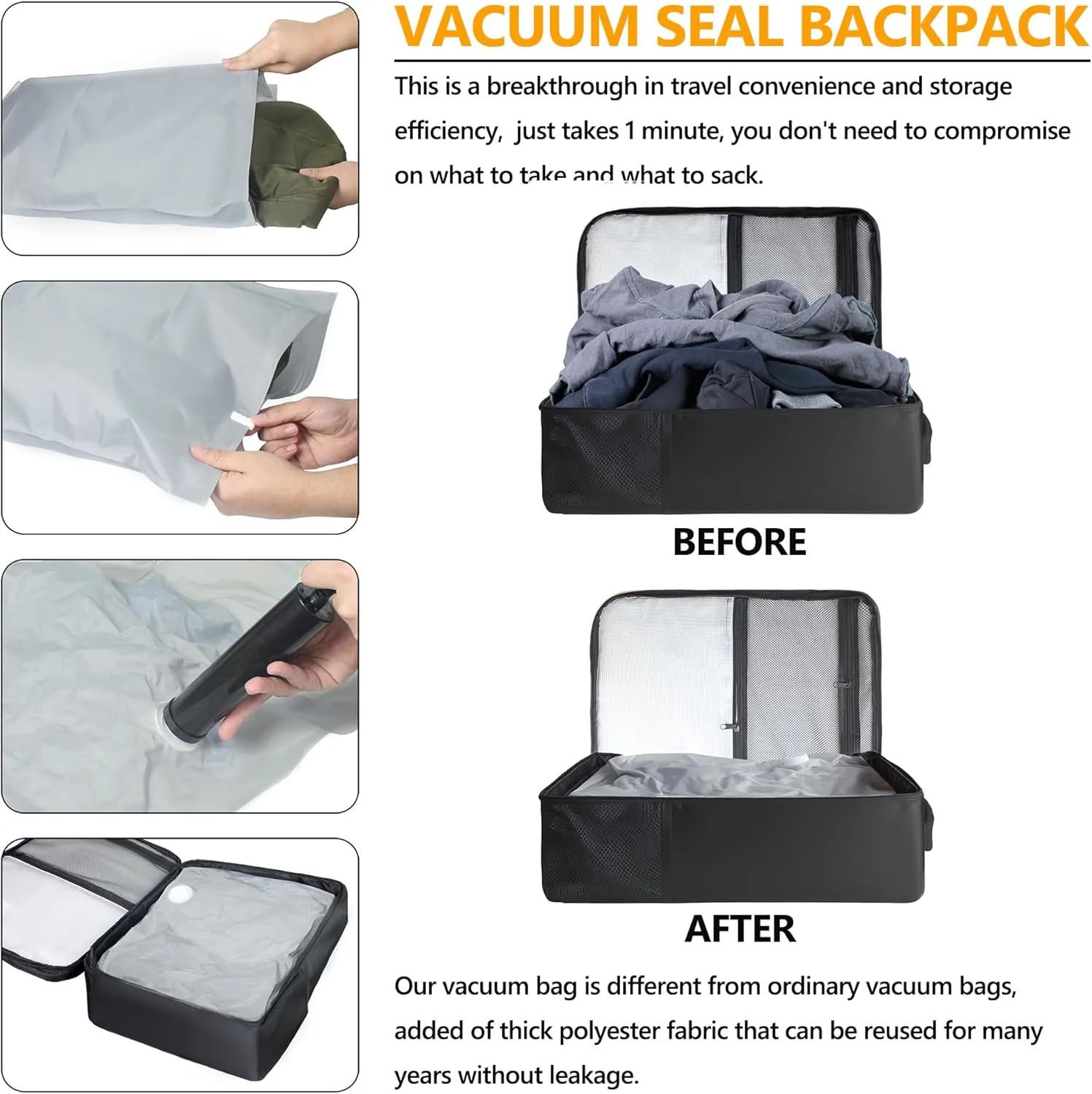 SUOCO Travel Vacuum Backpack, 70L Seal Compression Air Vac Bag Back Pack with Travel Pump, Carry On Suitcase Luggage Flight Approved for Men Women Personal Item, Black