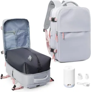 suwasp Vacuum Compression Backpack, 45L Expandable Travel Backpack with Electric Vacpack Pump, Travel Vacuum Bags with Shoe Compartment/17inch Laptop Compartment/USB Port, Grey