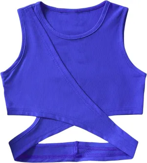 SweatyRocks Girl's Sleeveless Round Neck Criss Cross Wrap Top Ribbed Knit Crop Tank Tops