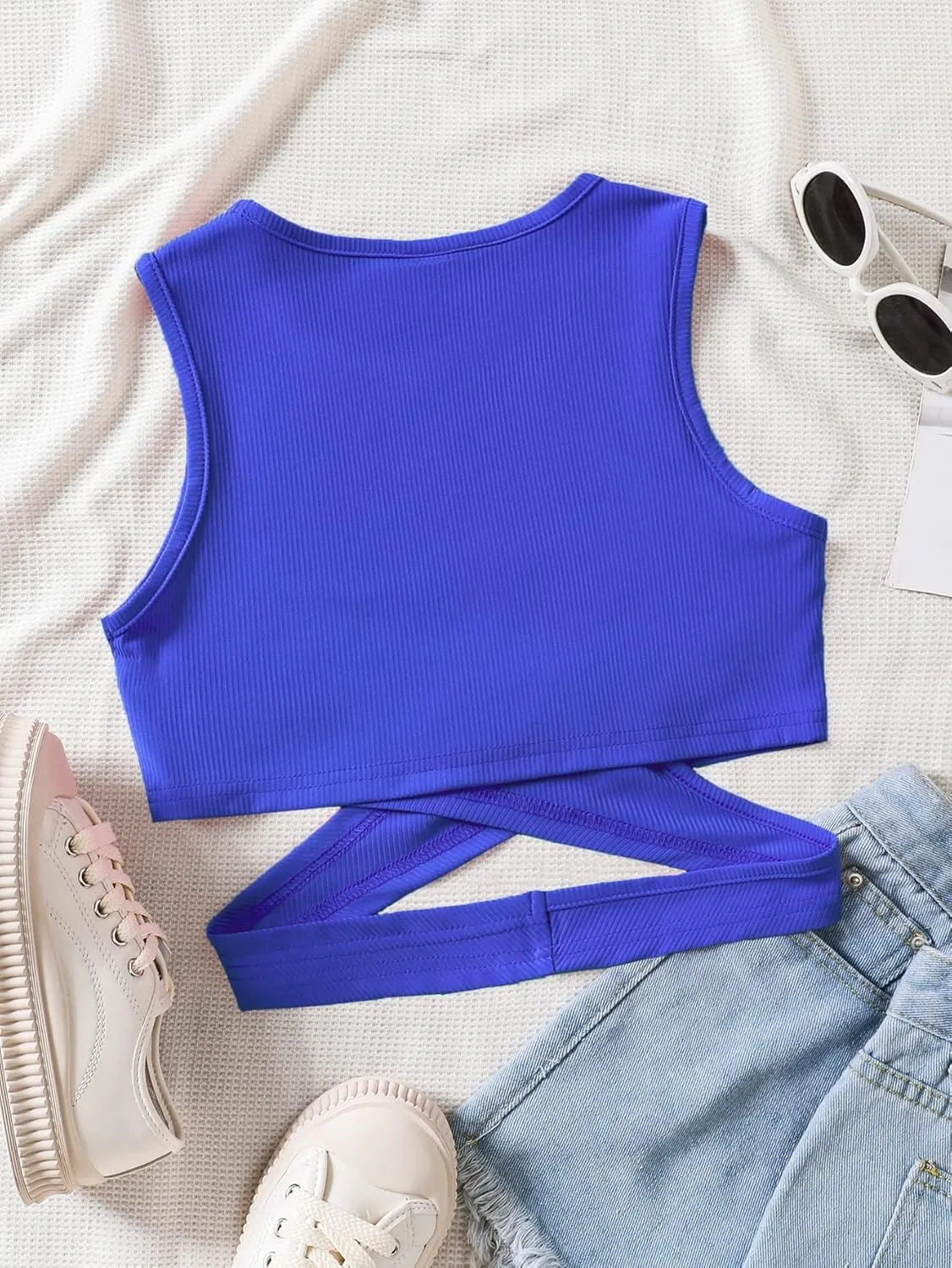 SweatyRocks Girl's Sleeveless Round Neck Criss Cross Wrap Top Ribbed Knit Crop Tank Tops