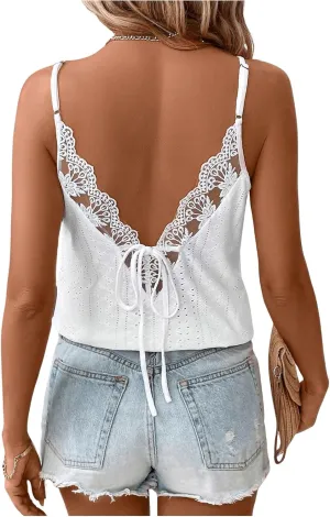 SweatyRocks Women's Tie Backless Lace Camisole V Neck Embroidery Sleeveless Boho Summer Tops