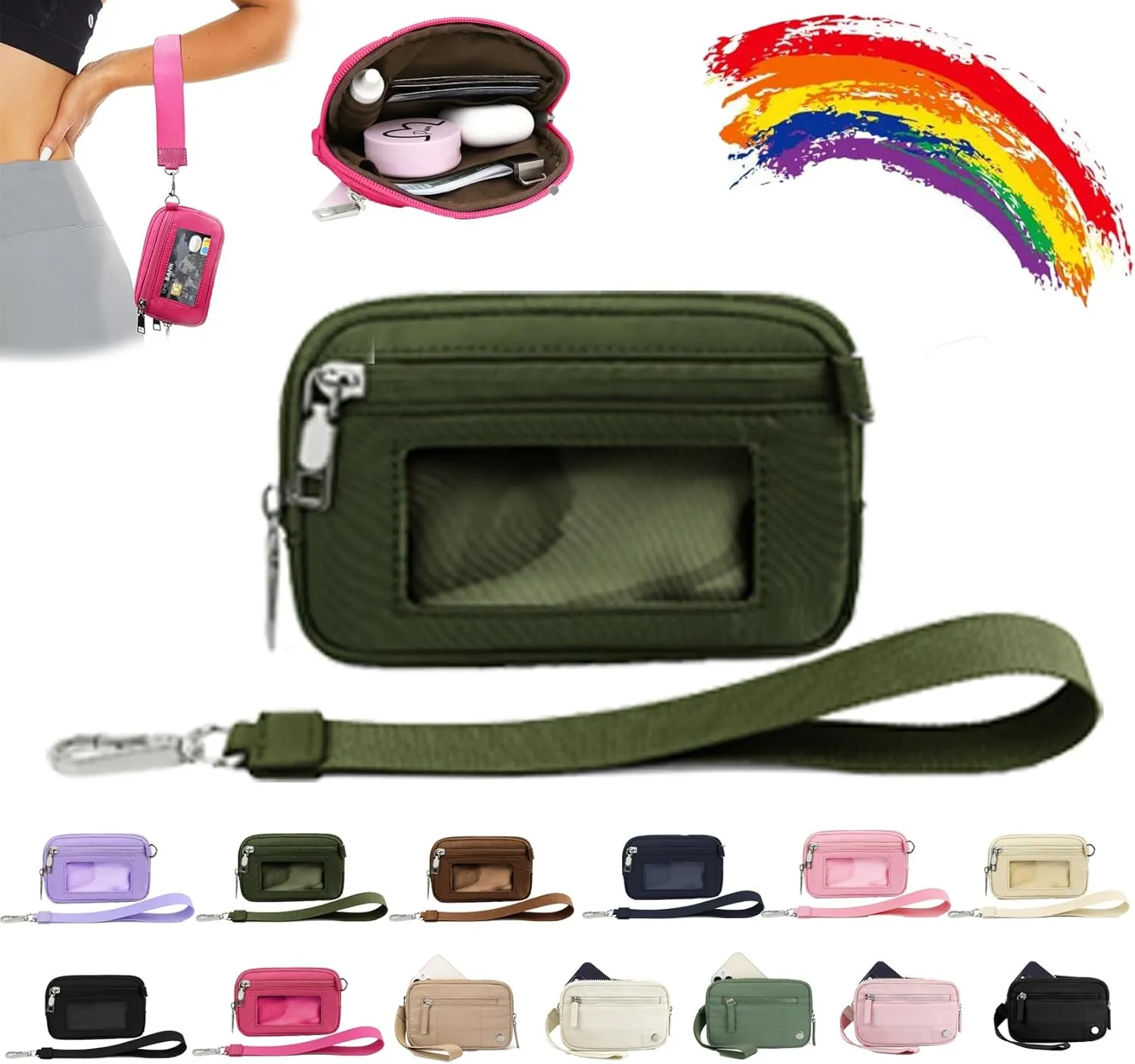 The Iris' Pouch Wallet, Iris' Wallet 2nd Gen, Wristlet Wallets for Women Nylon, The Iris Pouch Wristlet Rainbow Wallet, Women's Waterproof Nylon Keychain Wallet, for Travel (B-Green)