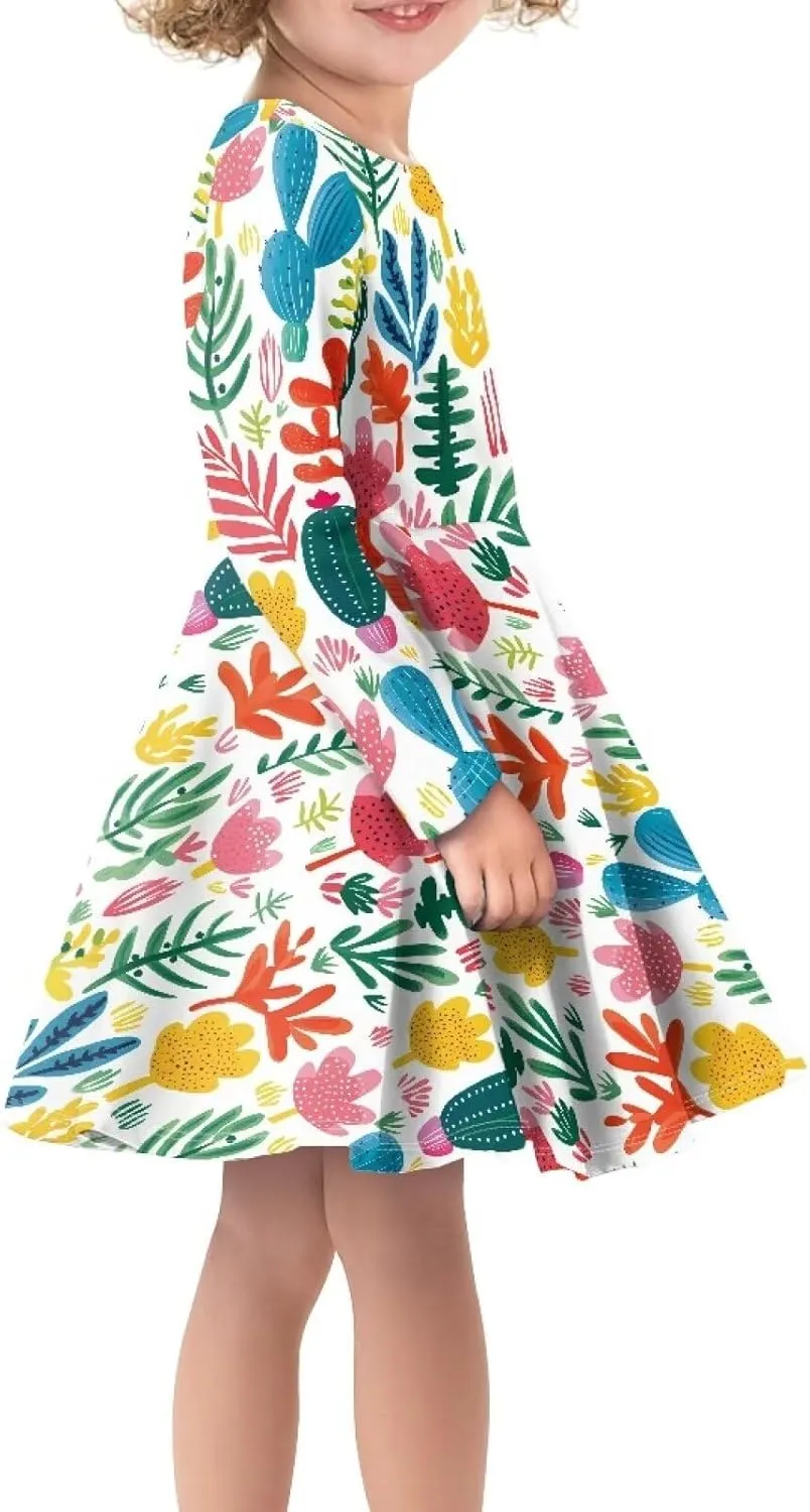 Toddler Girl Clothes Cute Dress for Kids A Line Design Long Sleeve Swing Skater Dress for Little Girls 3-16 Years