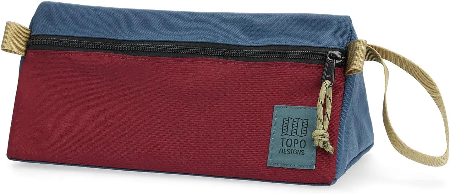 Topo Designs Dopp Kit - Travel Bag for Personal Care Essentials, Self Standing Shape, Fully Lined, Recycled Nylon (Denim/Burgundy)