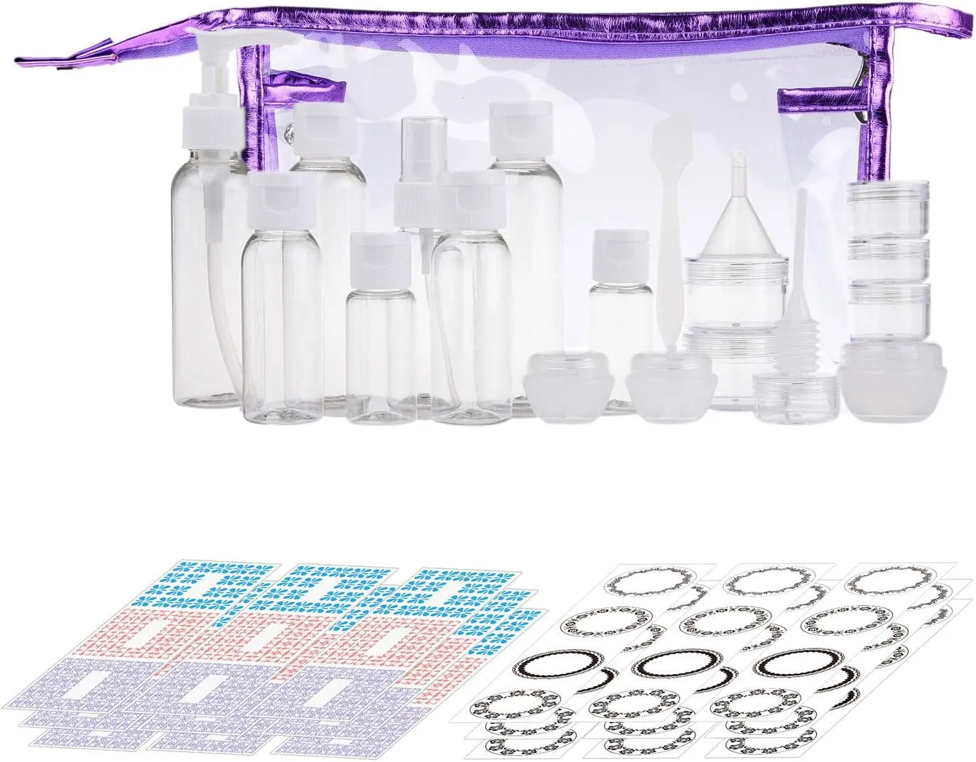 Travel Bottle Set - Refillable - TSA/Airline Approved - 8 Bottles and 9 Jars - 3 Tools (Pipette, Funnel and Mini Spatula) - for Downsized Portions of Your Favorite Cosmetics, Lotions and Creams