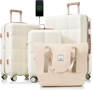 Travel Light with 4-Piece Luggage Set, 20-Inch with USB Port, Expandable Hard Shell Suitcase and Travel Bag, Beige