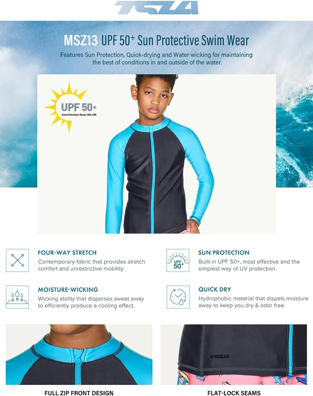 TSLA Boy's and Girl's Long Sleeve Zipper Rash Guard, UPF 50  UV/Sun Protection Swim Shirts, Quick Dry Water Swimsuit Top