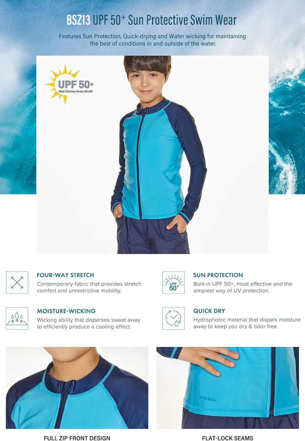 TSLA Boy's and Girl's Long Sleeve Zipper Rash Guard, UPF 50  UV/Sun Protection Swim Shirts, Quick Dry Water Swimsuit Top