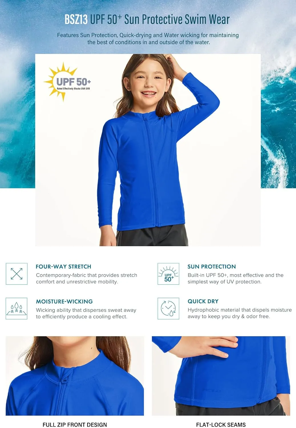 TSLA Boy's and Girl's Long Sleeve Zipper Rash Guard, UPF 50  UV/Sun Protection Swim Shirts, Quick Dry Water Swimsuit Top