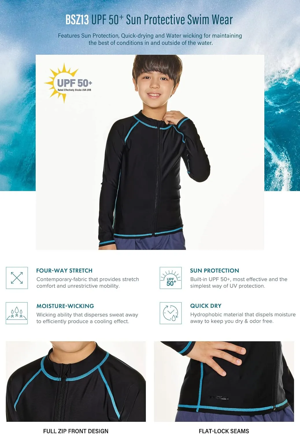 TSLA Boy's and Girl's Long Sleeve Zipper Rash Guard, UPF 50  UV/Sun Protection Swim Shirts, Quick Dry Water Swimsuit Top