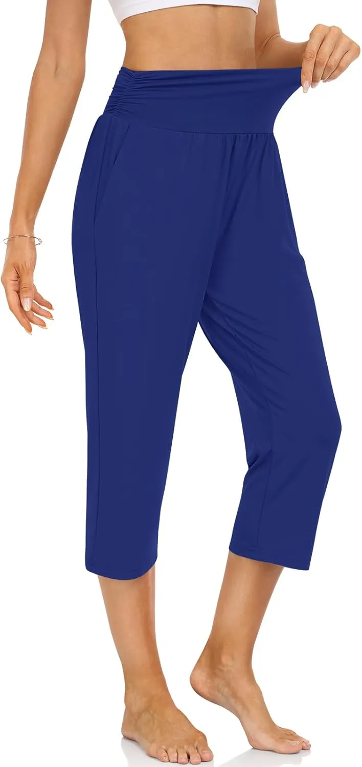 UEU Women's Capri Pants Summer Loose Yoga Pants Comfy Workout Cropprd Pants with Pockets