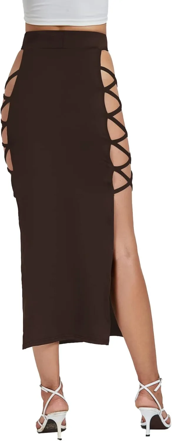 Umenlele Women's Sexy Split Thigh Cut Out Lace Up Side High Waist Midi Skirt
