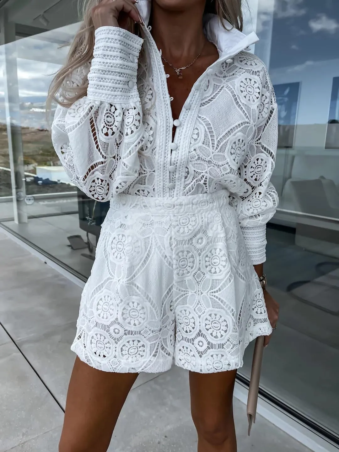 utcoco Womens 2025 Summer Eyelet Lace Two Piece Patterned Long Sleeve Tops Shorts Set