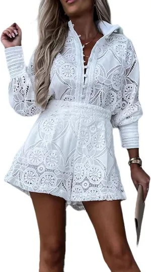 utcoco Womens 2025 Summer Eyelet Lace Two Piece Patterned Long Sleeve Tops Shorts Set