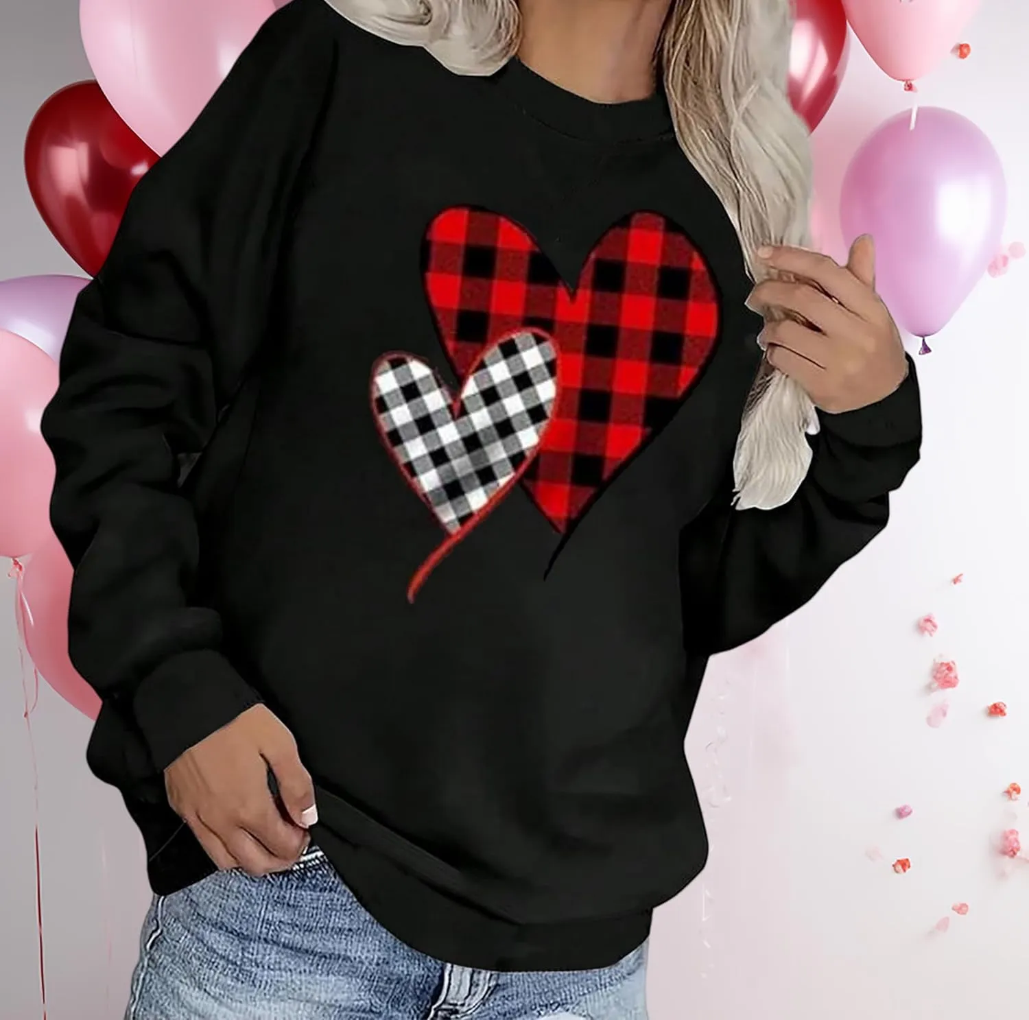 Valentine's Day Women's Funny Love Heart Graphic Shirt - Casual Long Sleeve Pullover Top