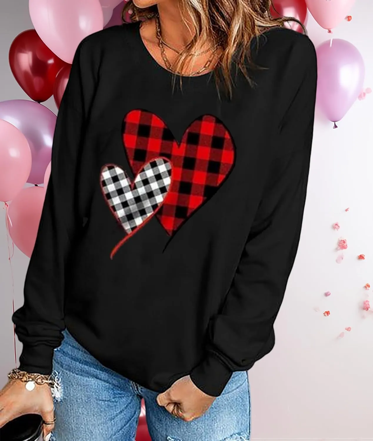 Valentine's Day Women's Funny Love Heart Graphic Shirt - Casual Long Sleeve Pullover Top