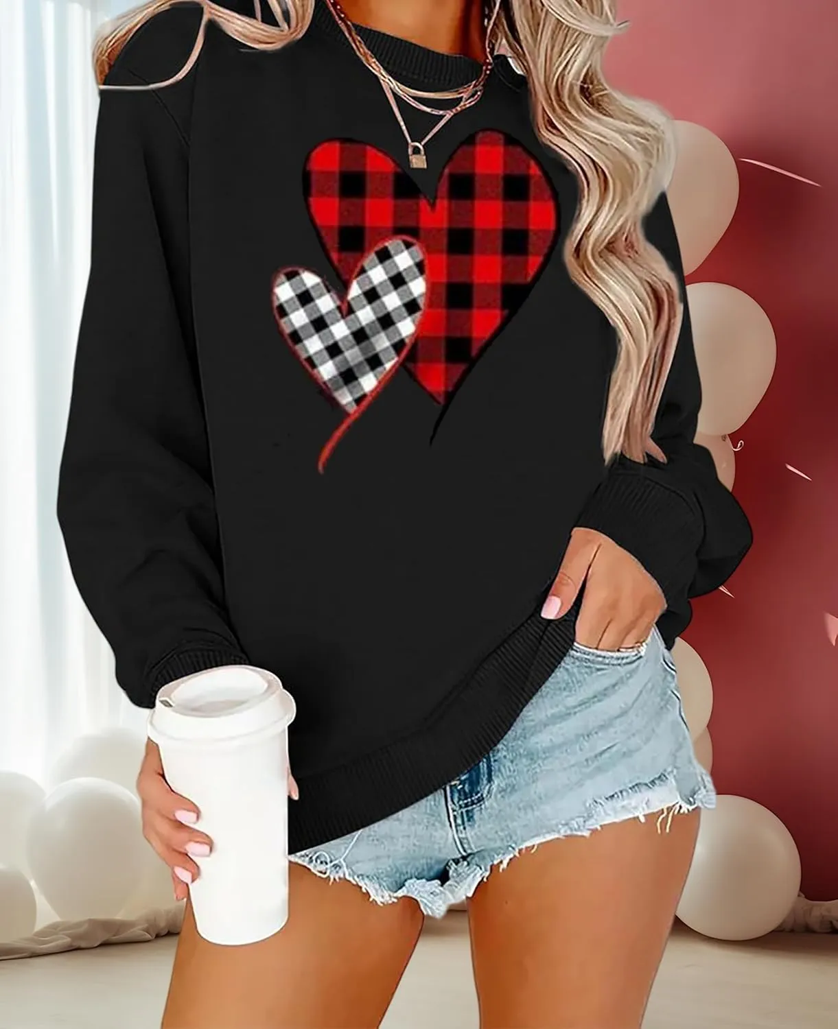 Valentine's Day Women's Funny Love Heart Graphic Shirt - Casual Long Sleeve Pullover Top