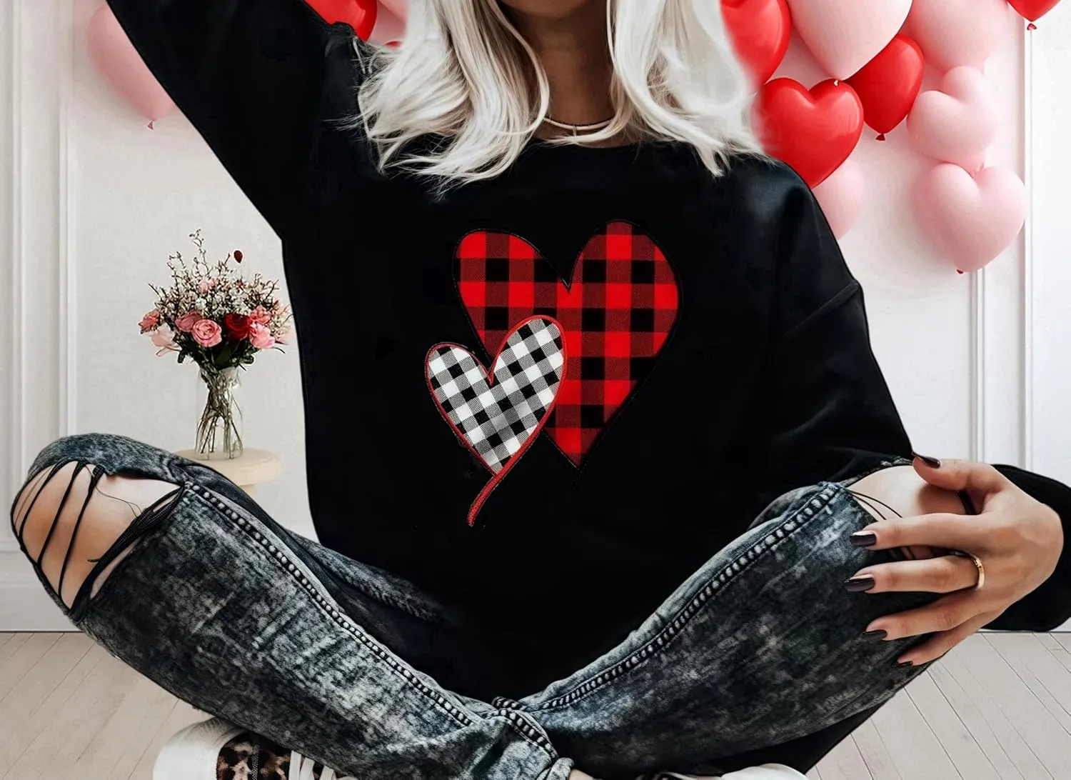 Valentine's Day Women's Funny Love Heart Graphic Shirt - Casual Long Sleeve Pullover Top