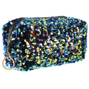 VALICLUD Sequin Cosmetic Bag Portable Glitter Makeup Zipper Bag Toiletry Bag Sequin Organizer Bag for Women Girls Travel Daily Use (Blue)