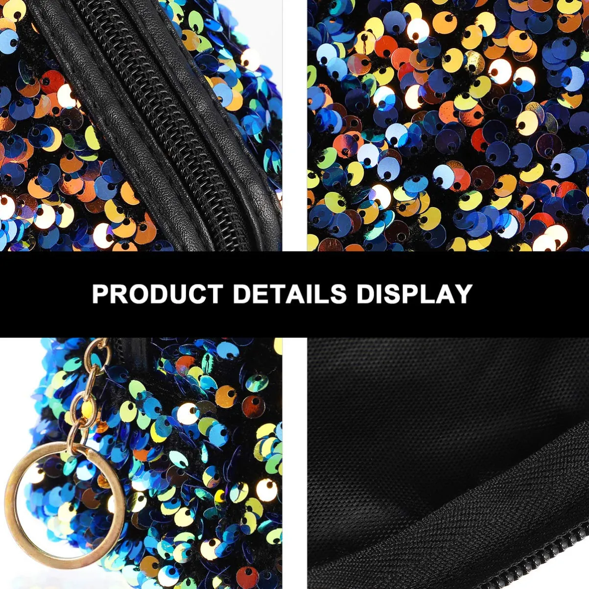 VALICLUD Sequin Cosmetic Bag Portable Glitter Makeup Zipper Bag Toiletry Bag Sequin Organizer Bag for Women Girls Travel Daily Use (Blue)