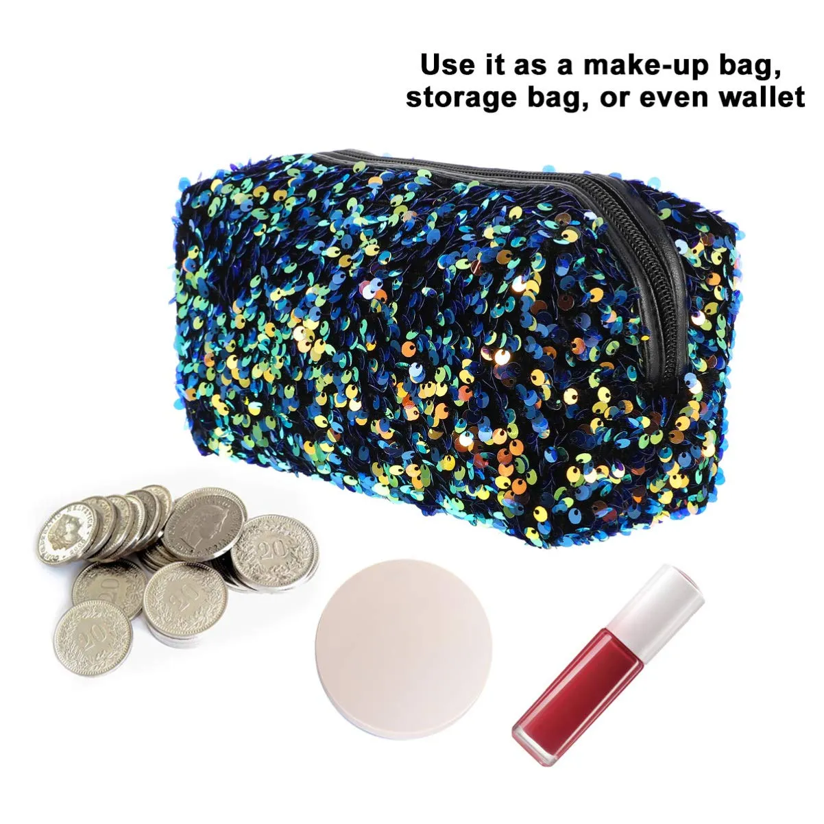 VALICLUD Sequin Cosmetic Bag Portable Glitter Makeup Zipper Bag Toiletry Bag Sequin Organizer Bag for Women Girls Travel Daily Use (Blue)