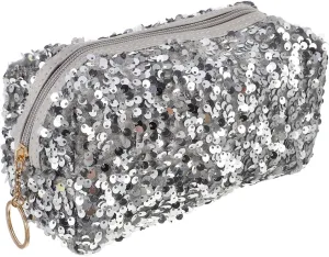 VALICLUD Sequin Cosmetic Bag Portable Glitter Makeup Zipper Bag Toiletry Bag Sequin Organizer Bag for Women Girls Travel Daily Use (Silver)