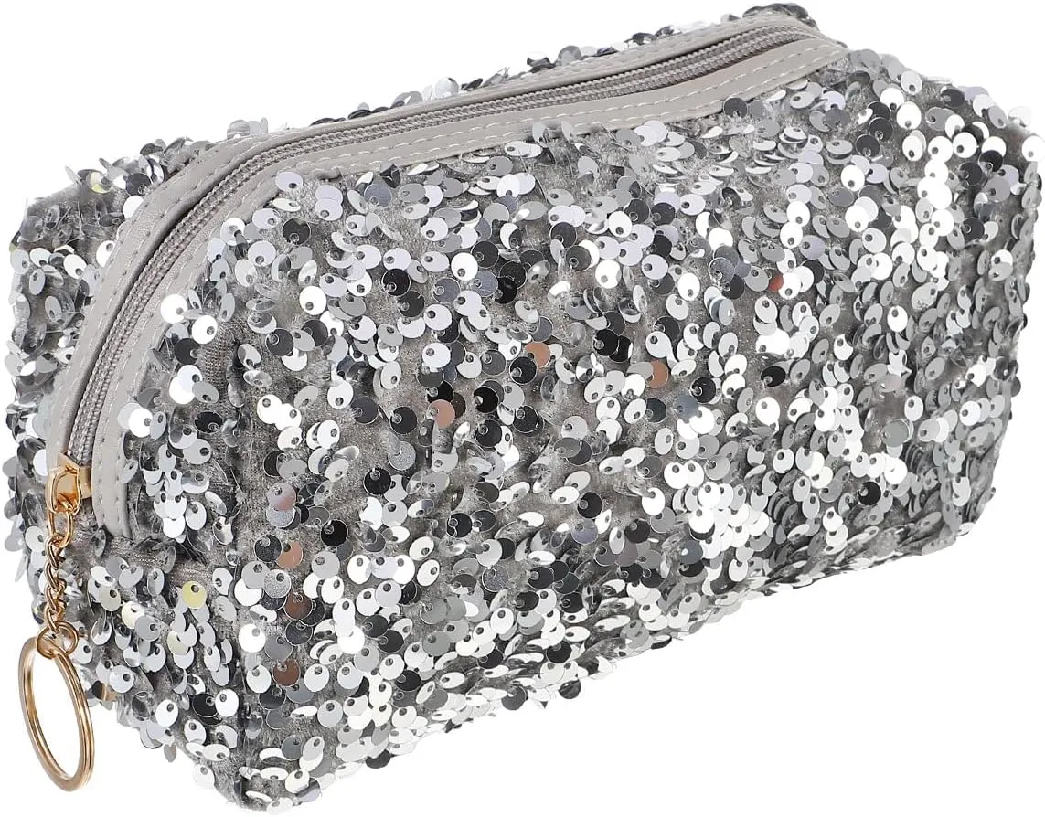 VALICLUD Sequin Cosmetic Bag Portable Glitter Makeup Zipper Bag Toiletry Bag Sequin Organizer Bag for Women Girls Travel Daily Use (Silver)