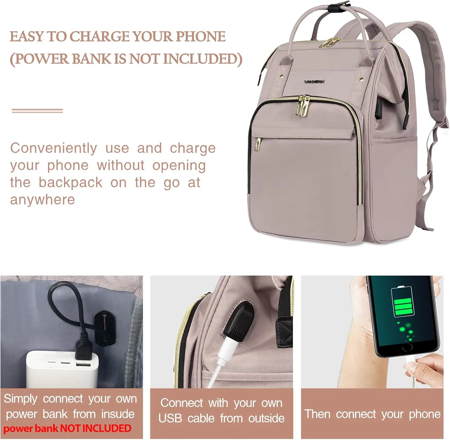 VANKEAN 15.6-16.2 Inch Laptop Backpack Carry On for Women Computer Work Backpack, Water Proof College Daypack with USB Port RFID Pocket, Business Travel Light Dusty Pink