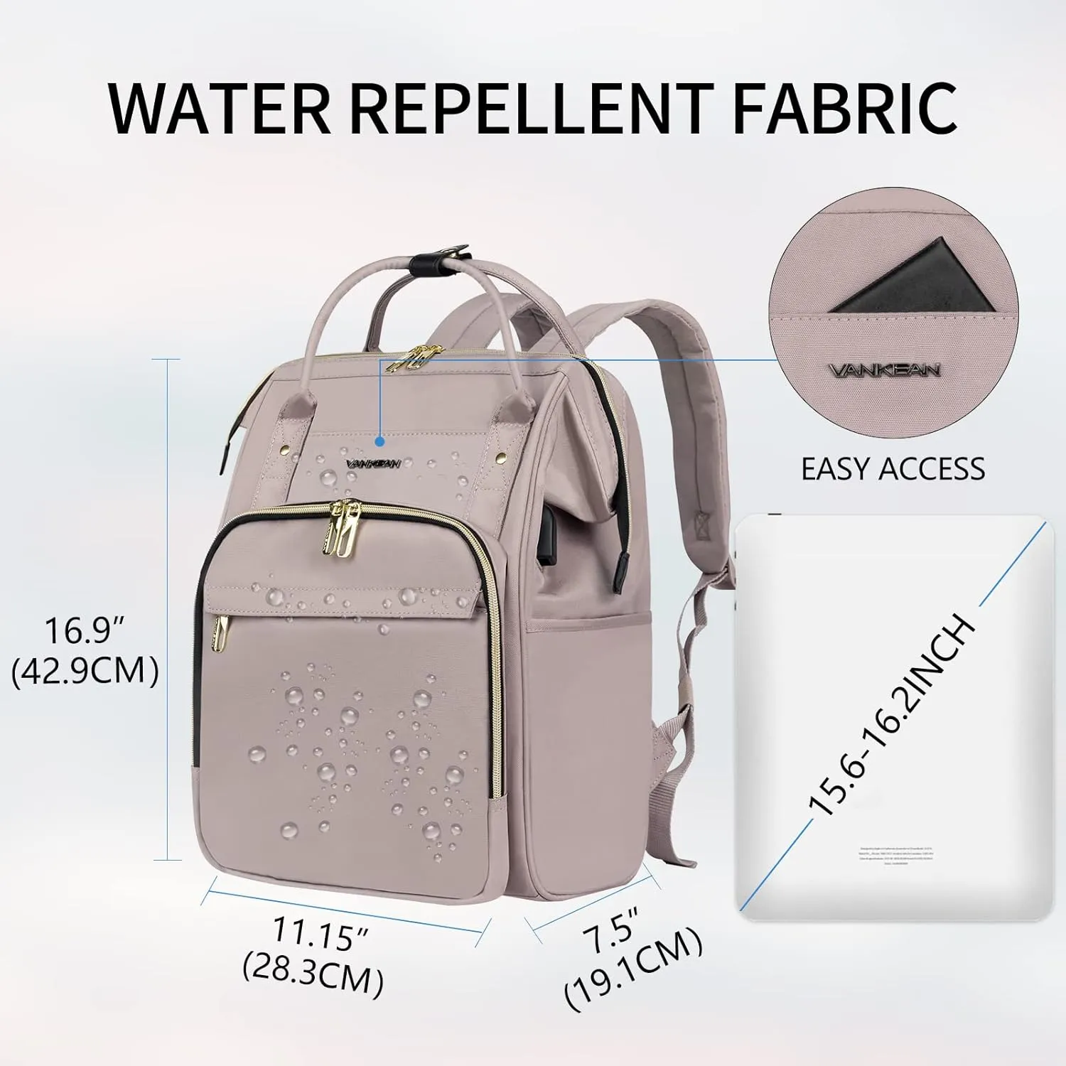 VANKEAN 15.6-16.2 Inch Laptop Backpack Carry On for Women Computer Work Backpack, Water Proof College Daypack with USB Port RFID Pocket, Business Travel Light Dusty Pink