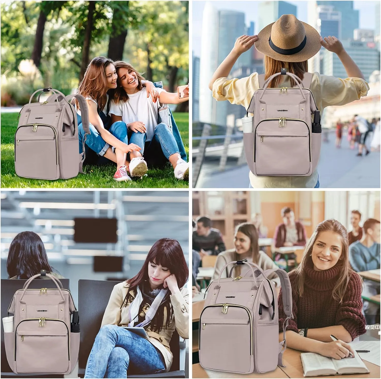 VANKEAN 15.6-16.2 Inch Laptop Backpack Carry On for Women Computer Work Backpack, Water Proof College Daypack with USB Port RFID Pocket, Business Travel Light Dusty Pink