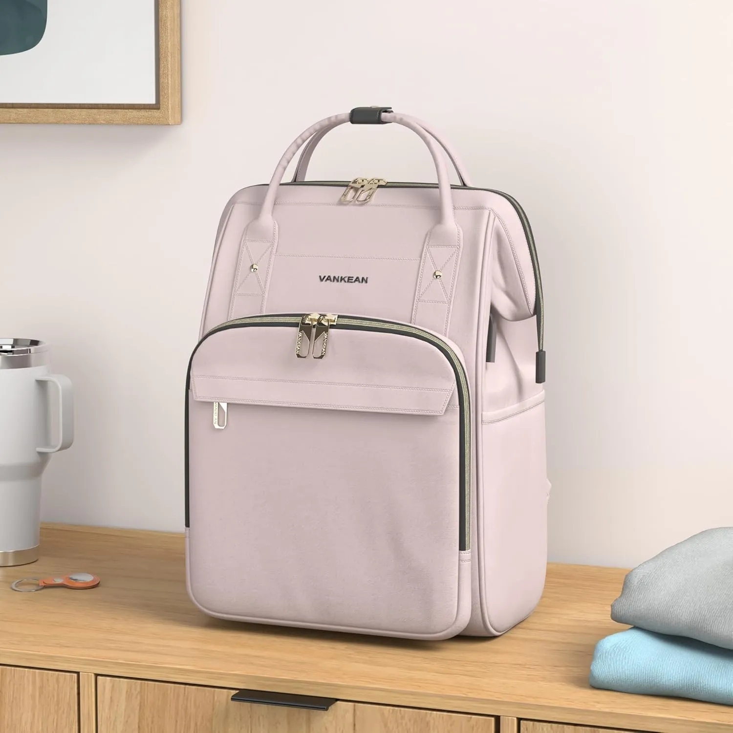 VANKEAN 15.6-16.2 Inch Laptop Backpack Carry On for Women Computer Work Backpack, Water Proof College Daypack with USB Port RFID Pocket, Business Travel Light Dusty Pink