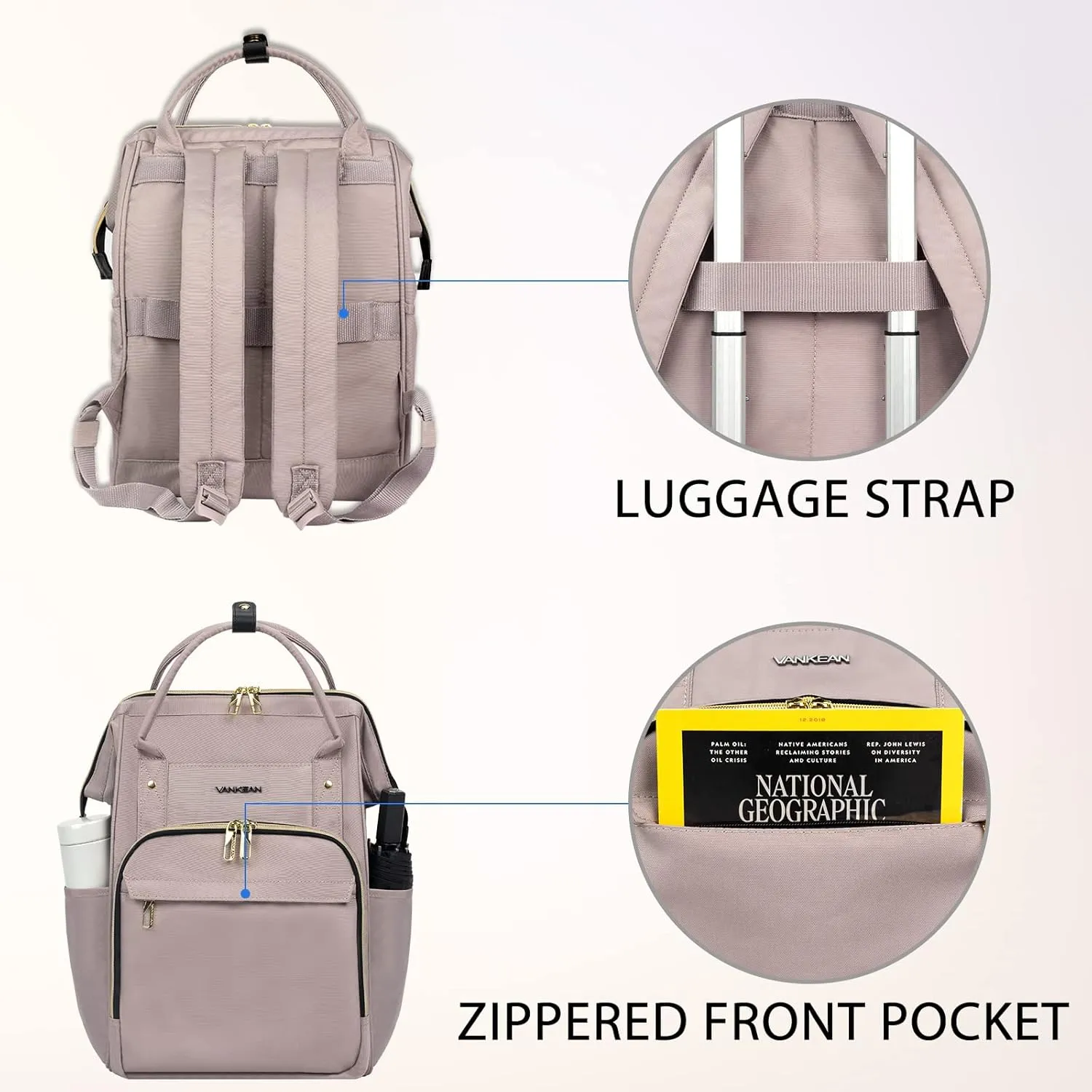 VANKEAN 15.6-16.2 Inch Laptop Backpack Carry On for Women Computer Work Backpack, Water Proof College Daypack with USB Port RFID Pocket, Business Travel Light Dusty Pink
