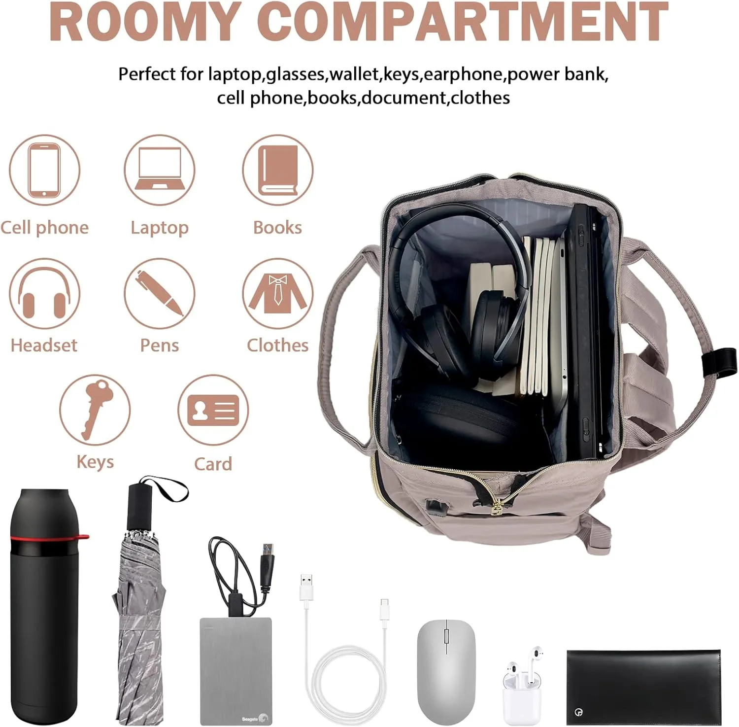 VANKEAN 15.6-16.2 Inch Laptop Backpack Carry On for Women Computer Work Backpack, Water Proof College Daypack with USB Port RFID Pocket, Business Travel Light Dusty Pink